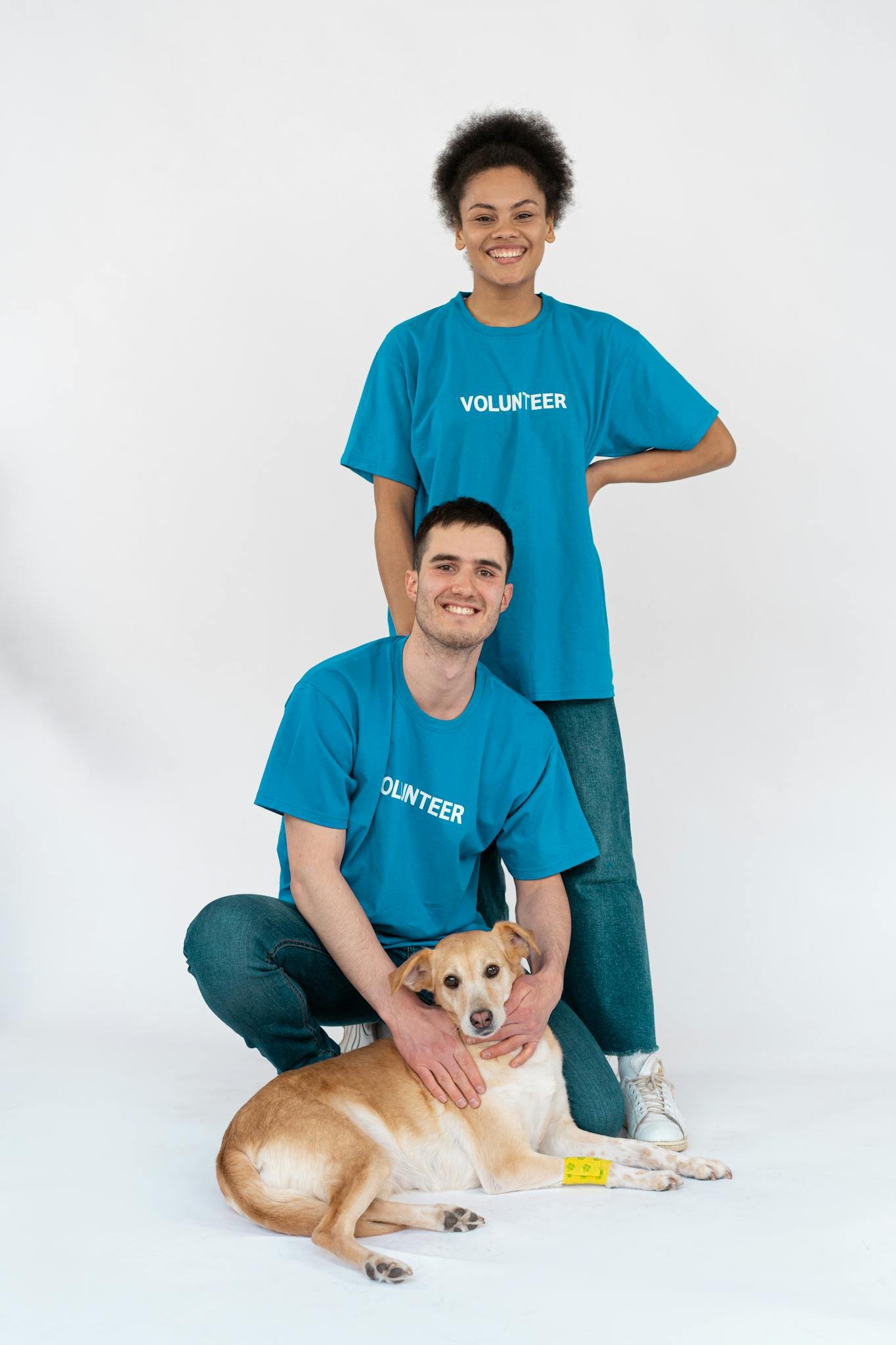 Two volunteers pose happily with a cute dog during a studio shoot to promote pet adoption.